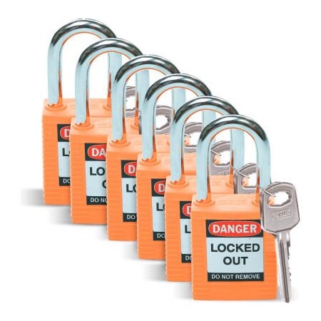 Brady Brady Lockout Padlock, Keyed Differently, 1-1/2", Plastic/Steel, Orange, 6/Pack 51347
